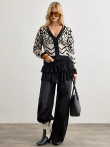 SHEIN Vintage Geometric Pattern Button Front Soft Knit Cardigan Sweater - Black and White - View 5