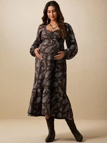 Boho Mama Maternity Vacation Paisley Pattern Twist Design Long Sleeve Casual Dress - Coffee - View 3