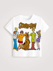 SCOOBY-DOO X SHEIN 小男孩字母卡通印花圓領短袖休閒T恤 - 白色 - 查看 7