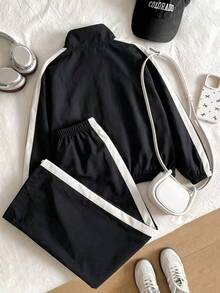 SHEIN 青少年女孩休閒時尚度假旅行通勤立領黑色夾克，蝴蝶結印花長袖白色雙條紋設計搭配寬腿褲 - 黑色 - 查看 2
