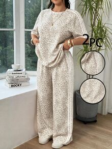 SHEIN EZwear 大尺碼女款豹紋短袖上衣與長褲休閒日常套裝 - 銀色 - 查看 1