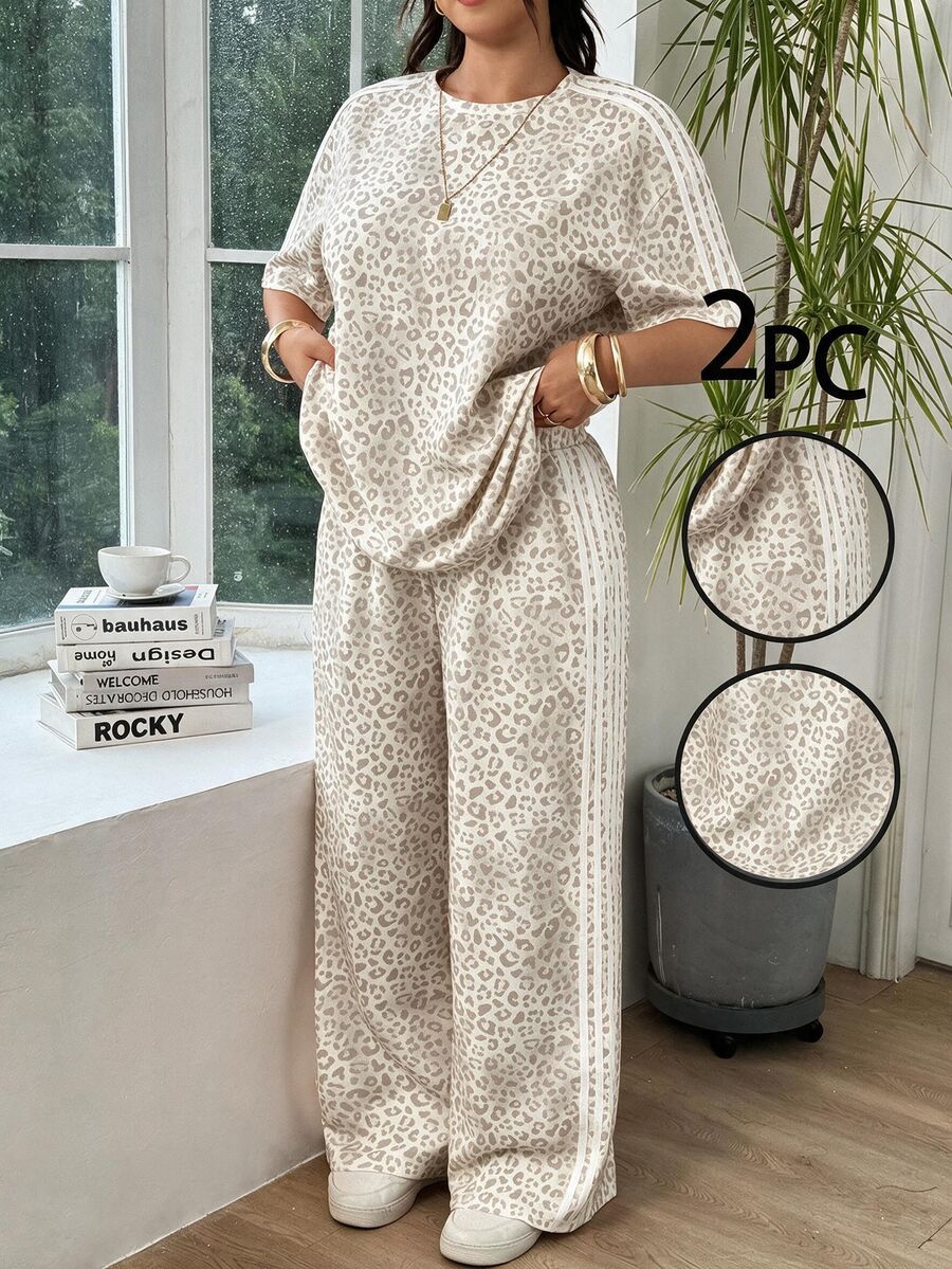 SHEIN EZwear 大尺碼女款豹紋短袖上衣與長褲休閒日常套裝 - 銀色 - 查看 1