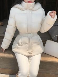 DAZY Women's Winter Hooded Cream White Fur Collar Cinched Waist Waist Zipper Short Slim Fit Elegant Commute Date Padded Coat - Apricot - View 8