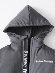 Teen Boys Quilted Ultrasonic Front Panel Patchwork Hooded Casual Padded Coat - Grey - View 3