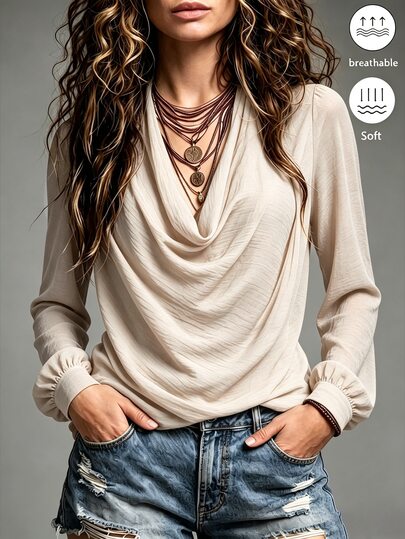 Trelyra Vintage Brown Cowl Neck Puff Long Sleeve Blouse For Women, Draped Draped Neck, Elegant, Comfortable Loose Fit Shirt With Textured Surface Treatment - Perfect For Autumn/Winter Casual Wear, Commuting, Outings, Women's Tops, Women's Autumn/Winter Apparel