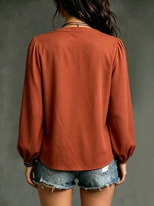 SHEIN Holidaya Fall Shirts Outdoor Tops Country Style Napoleon Mexican Women's Casual Boho Rust Vacation - Orange - View 3