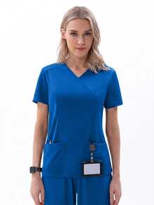 TaskEZ Women's Matte Wrap Top With 2 Pockets And Princess Seams On Back - Royal Blue - View 7