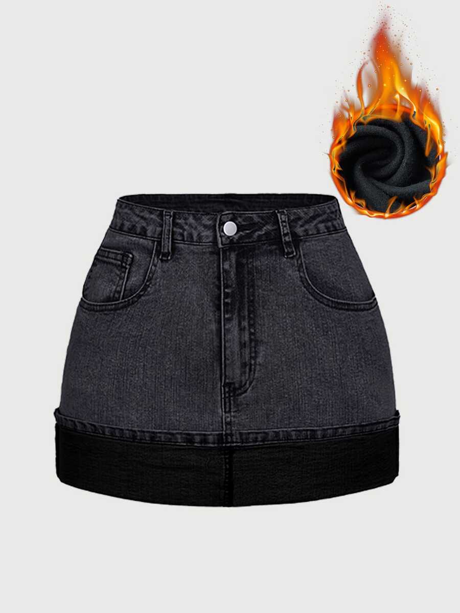 SHEIN MOD 女款休閒牛仔裙,附口袋與保暖內裡 - 灰色 - 查看 1