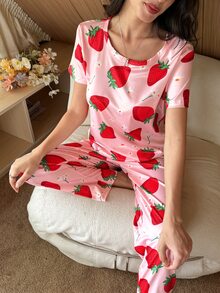 Dream Adore Women's Strawberry Print Short Sleeve Top And Long Pants Pajama Set - Multicolor - View 3