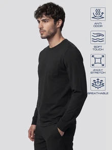 TekDrob Anti-Odor Modal T-Shirt With Single Patch Pocket, Regular Fit And Long Sleeves - Black - View 1