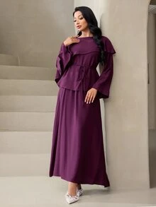 Veilorie Women's Solid Color Asymmetric Design Long Sleeve Top And Skirt Elegant Arabic Outfit Set - Purple - View 6