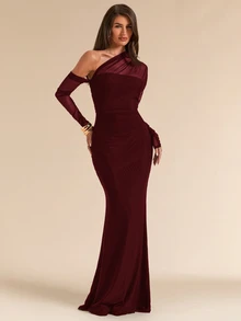SHEIN BAE Spring/Summer Solid Black Asymmetrical Shoulder Ruched Fitted Maxi Fish Tail Mesh Dress For Women - Burgundy - View 5