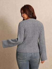 Elaquor Plus Size Women's Cable Knit Long Sleeve Single-Breasted Casual Cardigan - Dark Grey - View 2