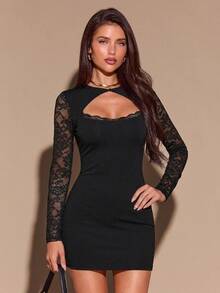 SHEIN BAE Gaun Mini Wanita Warna Hitam Polos Lengan Panjang Leher Persegi dengan Potongan Renda untuk Musim Gugur/Dingin - Hitam - View 3