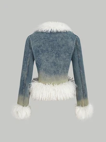 SHEIN Women's Patchwork Faux Fur Long Sleeve Open Front Denim Jacket - Blue - View 2