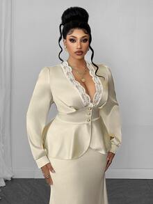 Maweii Plus Size Women's Elegant Party Casual Commute Slim Fit Puff Short Sleeve Lace Deep V-Neck Sexy Beige Blouse - Beige - View 2
