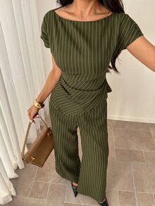 SHEIN PETITE 女款橄欖綠圓領不對稱下擺襯衫與寬腿褲套裝 教師節 辦公室工作 商務 夏季休閒 商務專業 - 軍綠色 - 查看 6