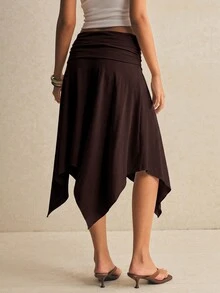 Poéselle Women's Elegant Solid Color Asymmetric Hem Skirt - Coffee Brown - View 3