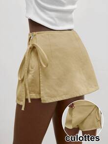 Maija Women's Side Slit Tie Design Casual Denim Skort Work Outfits For Women - Khaki - View 1