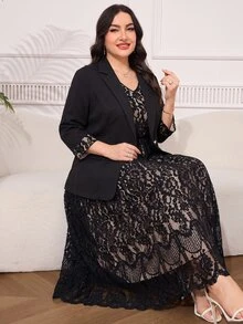 Reflora Plus Size Women's Contrast Lace Cuff Jacket And Dress Elegant Suit Set - Black - View 6