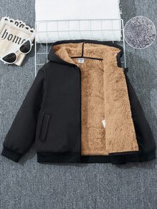 SHEIN 兒童青少年男孩休閒保暖內裡加厚寬鬆連帽外套，冬季外套，男孩服飾，基礎上衣，適合秋冬季節，校園穿著 - 黑色 - 查看 3