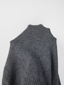SHEIN Pullover Rajut Minimalis Leher Tinggi untuk Musim Gugur, Sweater Pendek Lengan Siku Bahu Longgar untuk Wanita - Dark Grey - View 3