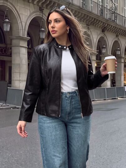 Firerie Plus Size Fashion Street Button & Zipper Long Sleeve PU Material Jacket
