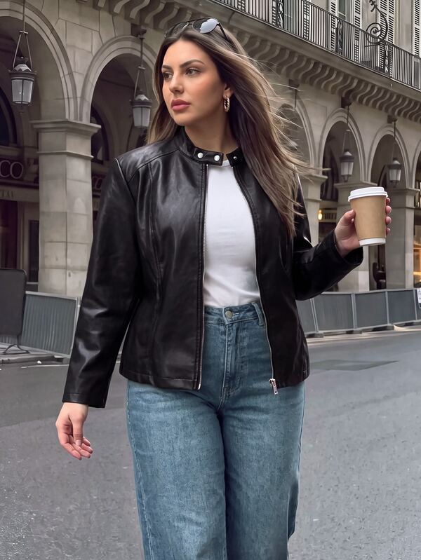 Firerie Plus Size Fashion Street Button & Zipper Long Sleeve PU Material Jacket