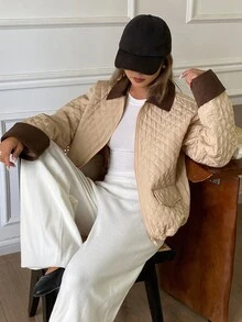 DAZY Damen Farbblock Revers Langarm Reißverschluss Vorne Winterjacke - Braun - Übersicht 8