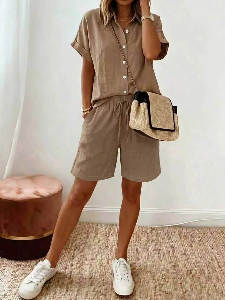Breezaya Plus Size Women Solid Color Short Sleeve Single-Breasted Shirt And Shorts Casual 2 Pieces Set - Multicolor - View 1
