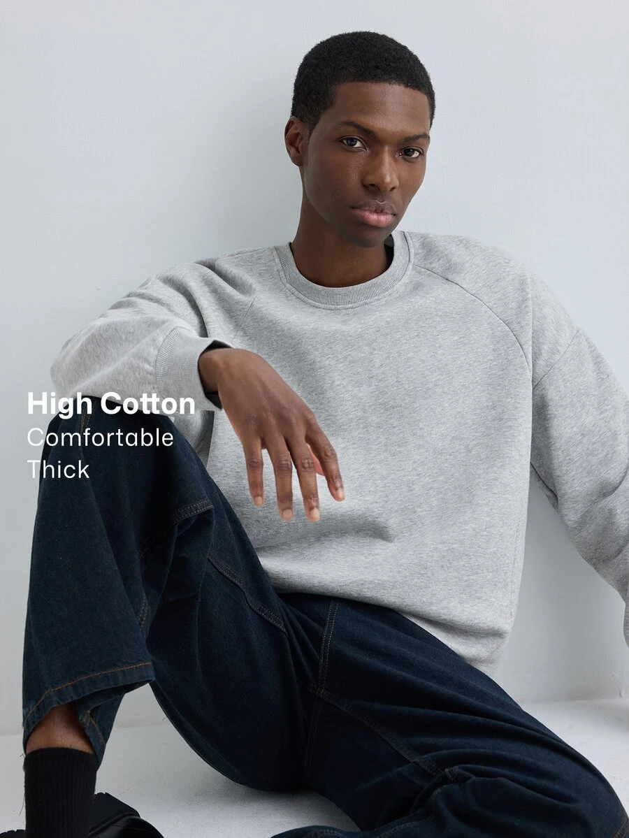Merionis Men's Solid Color Crew Neck Long Sleeve Casual Versatile Sweatshirt - Light Grey - View 1