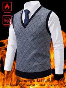 Manfinity Homme Men's Autumn/Winter Plaid V-Neck Casual Versatile Knit Vest - Grey - View 1