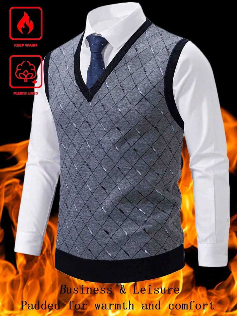 Manfinity Homme Men's Autumn/Winter Plaid V-Neck Casual Versatile Knit Vest - Grey - View 1