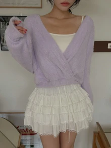 DAZY Solid Color Brushed Loose Fit Cropped Asymmetric V-Neck Long Sleeve Elegant Vacation Girl Korean Style Spring Autumn Knit Sweater For Women - Mauve Purple - View 5