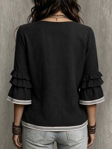 Glimmora Women's Summer Autumn New Contrast Color French Casual Loose Ruffle 3/4 Flare Sleeve Plus Size Blouse - Black - View 2