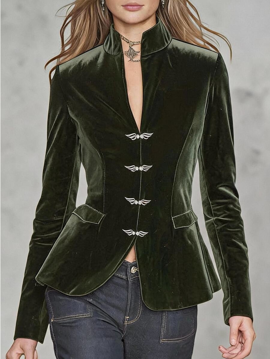 Solivie Women's Autumn Velvet Frog Button Design Jacket Fall Clothes Winter Clothes Party Work Tops Basic Blouses - Green - View 1