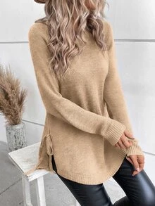 SHEIN Autumn/Winter Casual Versatile Solid Color Side Slit Lace-Up Sweater - Apricot - View 5