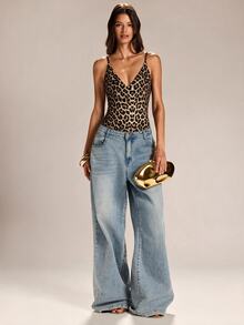 SHEIN BAE Autumn/Winter Leopard Print Backless Gold Chain Decor Basic Minimalist Bodysuit, Elegant Bodysuit, Leopard Print Bodysuit, Party Bodysuit, Autumn/Winter Innerwear Bodysuit - Khaki - View 4