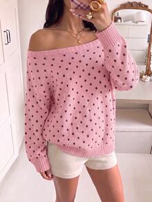 CovetEZ 女款秋冬休閒波點印花露肩針織衫 - 彩色 - 查看 6