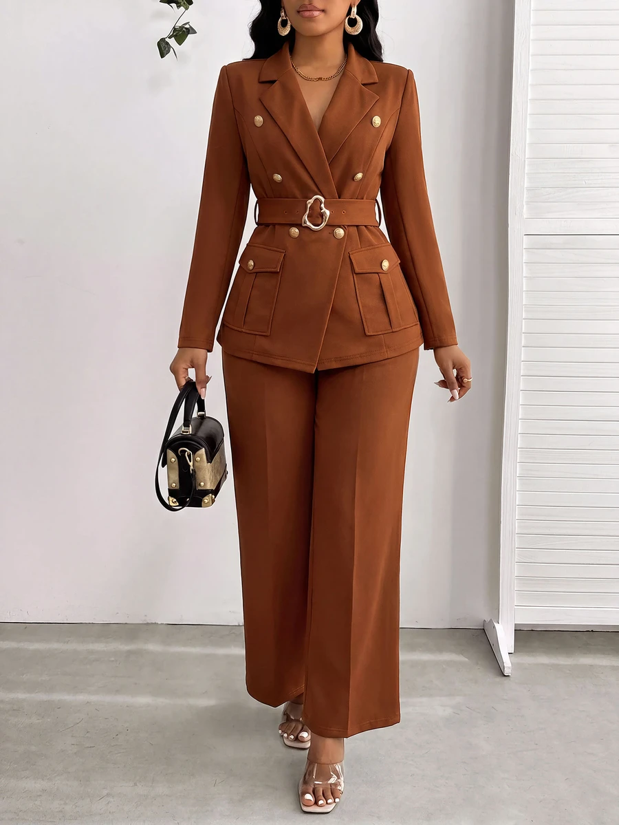 SHEIN Lady Women's Solid Color Lapel Neck Double-Breasted Jacket And Pants Suit Set - Brown - View 1