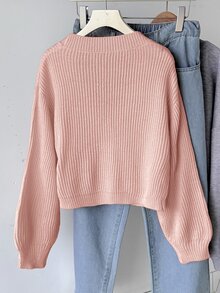 SHEIN 青少年女孩純色V領開襟短版寬鬆落肩長袖秋季毛衣 - 粉色 - 查看 2