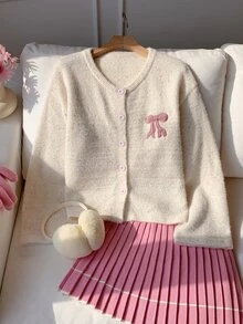Comfortcana Women's Autumn/Winter Casual Cute Fairy Bow Embroidery Cardigan Brunch Pink - Apricot - View 3