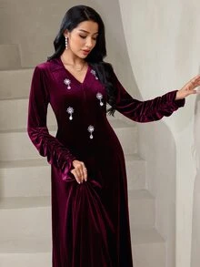 Veilorie 女款優雅派對水鑽裝飾長洋裝 - 酒紅色 - 查看 1