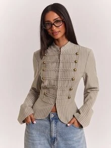 SHEIN BAE Fashionable Design Knot Button Decor Casual Commute Long Sleeve Jacket - Khaki - View 5