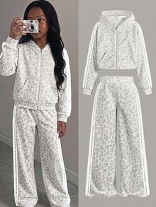SHEIN 青少年女孩休閒淺灰色豹紋印花連帽衛衣運動褲2件套 - 淺灰色 - 查看 1