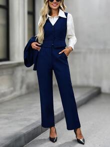 EMERY ROSE Women's Solid Color Single-Breasted Lapel NeckJacket, Vest And Pants Casual Suit Set Autumn Winter - Navy Blue - View 5