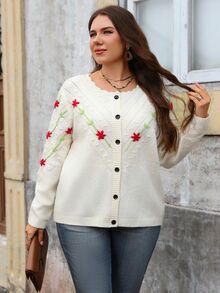 EMERY ROSE كارديجان محبوك بأكمام طويلة وزر واحد للنساء بمقاسات كبيرة مزين بزخارف زهرية ثلاثية الأبعاد - لون مشمشي - مشاهدة 5