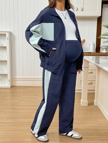 SHEIN Maternity Colorblock Zipper Front Jacket And Adjustable Waist Long Pants Casual 2 Pieces Set - Multicolor - View 3