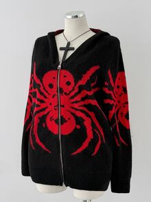 Sunspun Cardigan Rajut Ukuran Besar Wanita dengan Tudung dan Motif Laba-laba untuk Musim Dingin - Hitam - View 3
