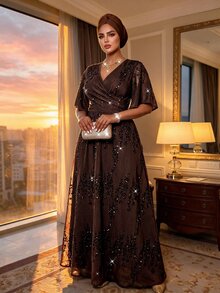 Auveirra Plus Size Elegant Sequin Party Dress - Brown - View 7